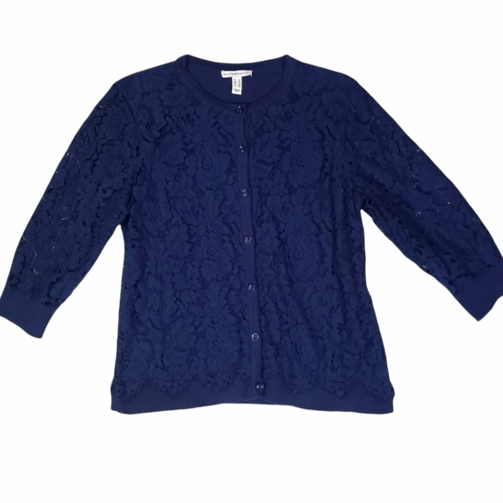ISAAC Mizrahi LIVE Blue Cardigan With Lace Overlay